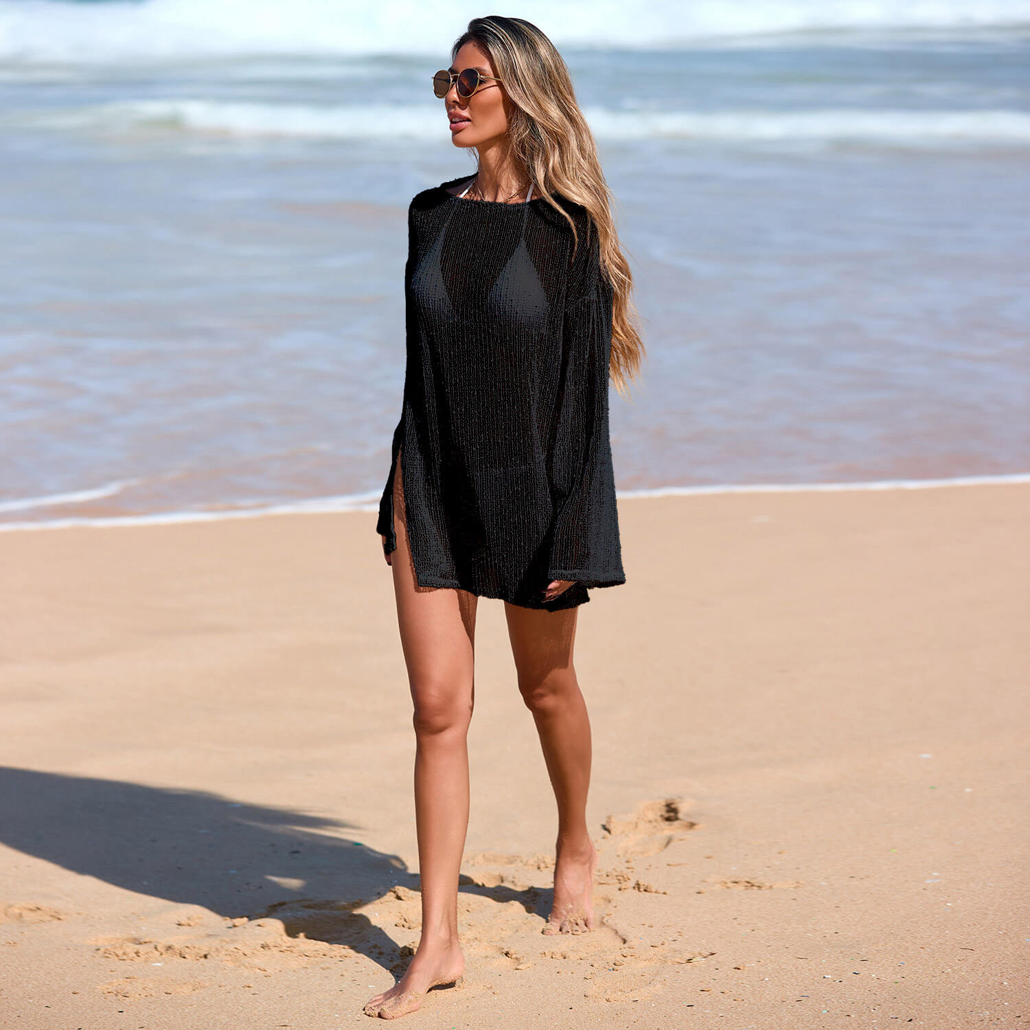 NURO Sheer Mesh Bikini Set with Beach Cover-Up Cardigan