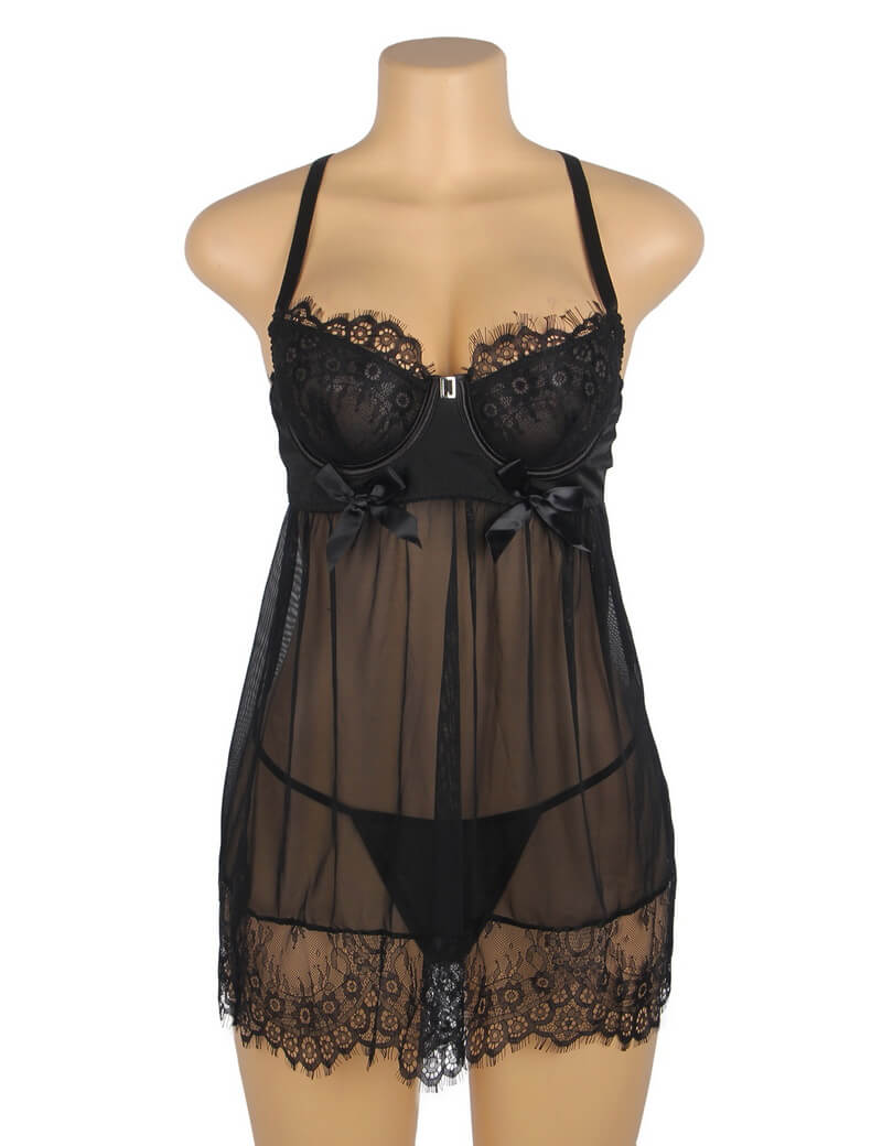 NURO Sheer Mesh Cross-Back Babydoll with Underwire