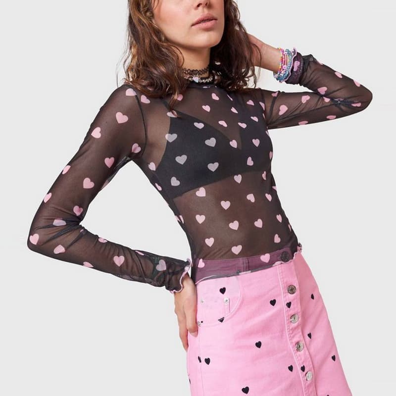 NURO Sheer Mesh Long Sleeve Top Floral Print Blouse