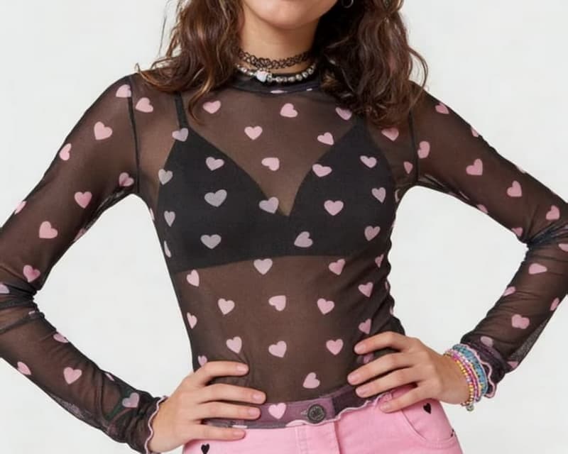 NURO Sheer Mesh Long Sleeve Top Floral Print Blouse