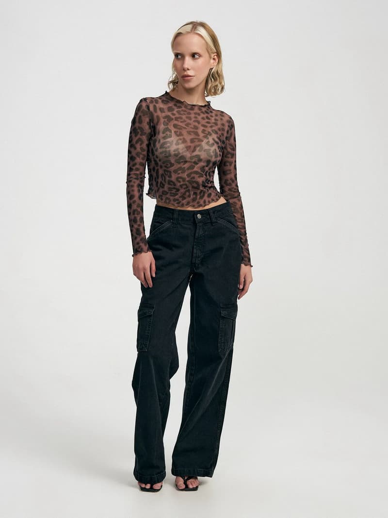 NURO Sheer Mesh Long Sleeve Top Heart Print Blouse