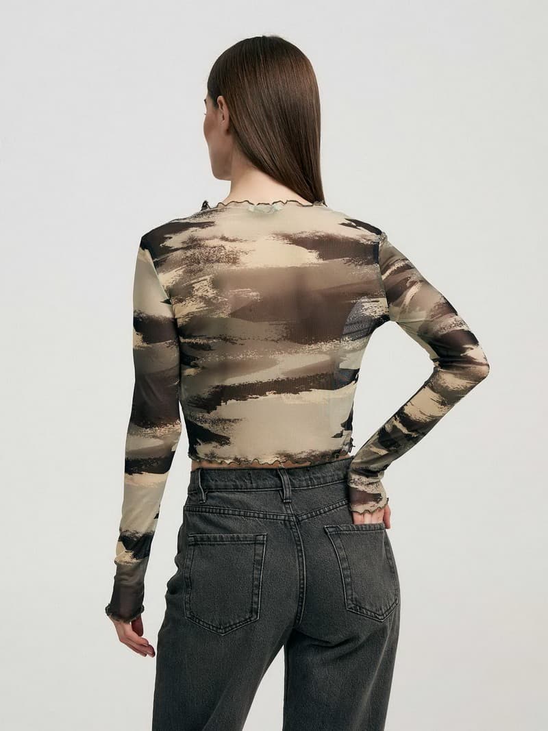 NURO Sheer Mesh Long Sleeve Top Print Blouse Layering Tee