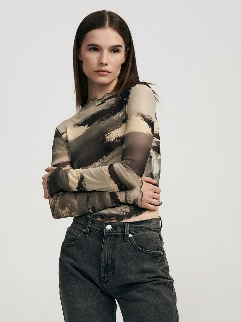 NURO Sheer Mesh Long Sleeve Top Print Blouse Layering Tee