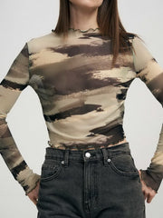 NURO Sheer Mesh Long Sleeve Top Print Blouse Layering Tee
