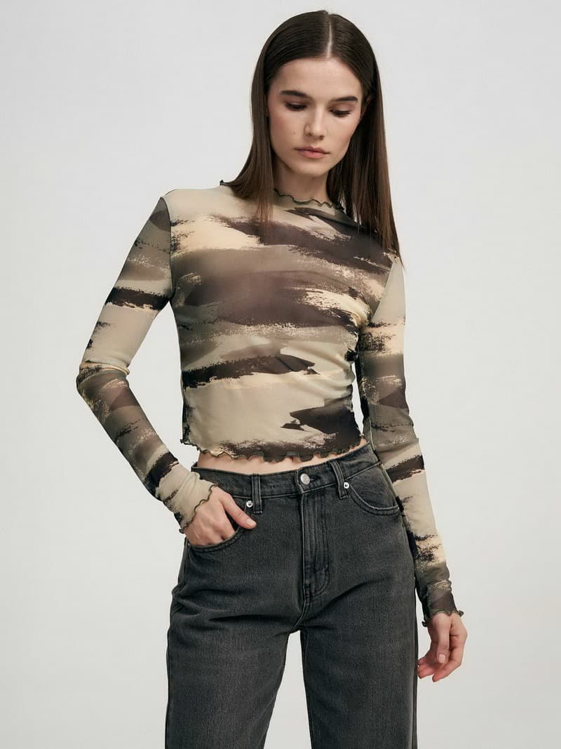 NURO Sheer Mesh Long Sleeve Top Print Blouse Layering Tee