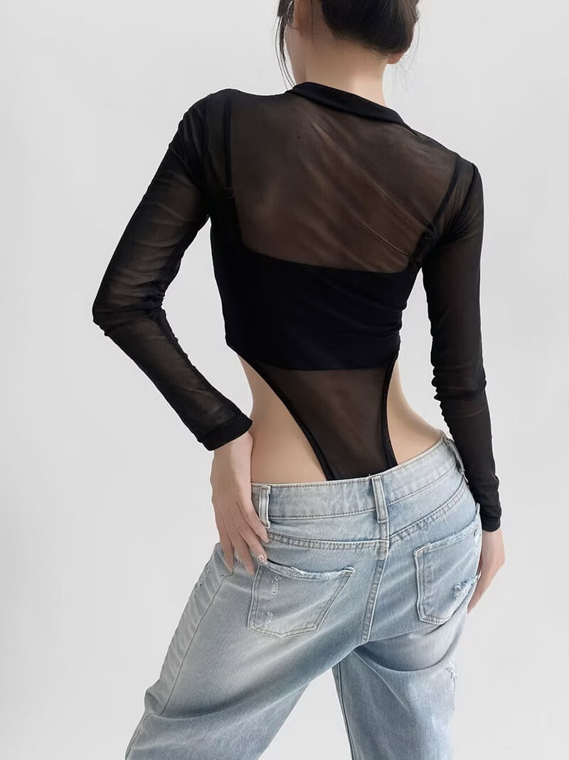 NURO Sheer Mesh Panel Zip Front Long Sleeve Bodysuit for Women