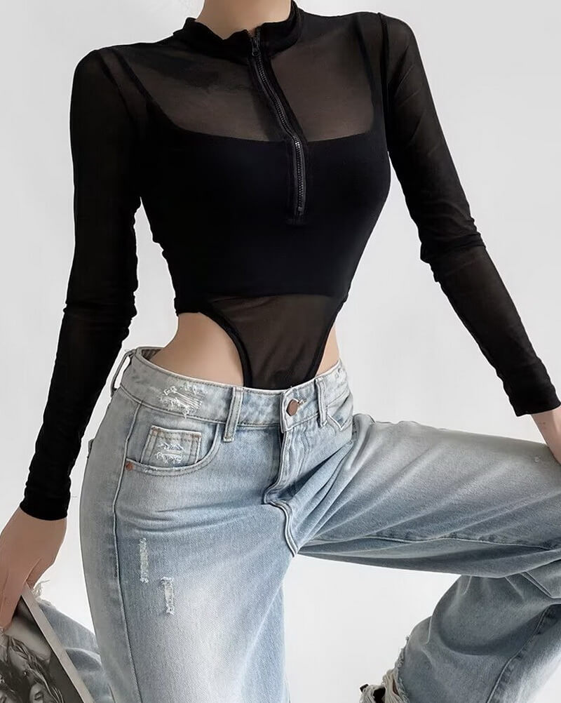 NURO Sheer Mesh Panel Zip Front Long Sleeve Bodysuit for Women