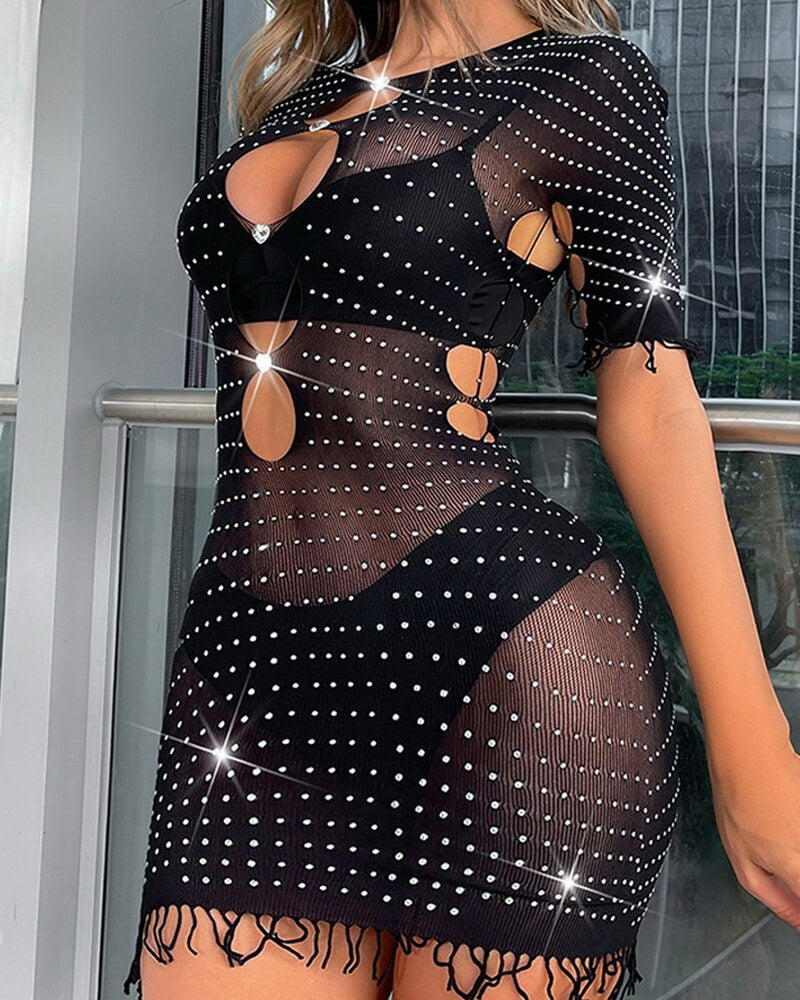 NURO Sheer Rhinestone Fringe Lingerie Set Women's Sexy Cut Out Bodysuit