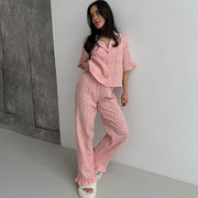 NURO Short Sleeve Pajama Set Ruffle Hem Top and Pants Sleepwear