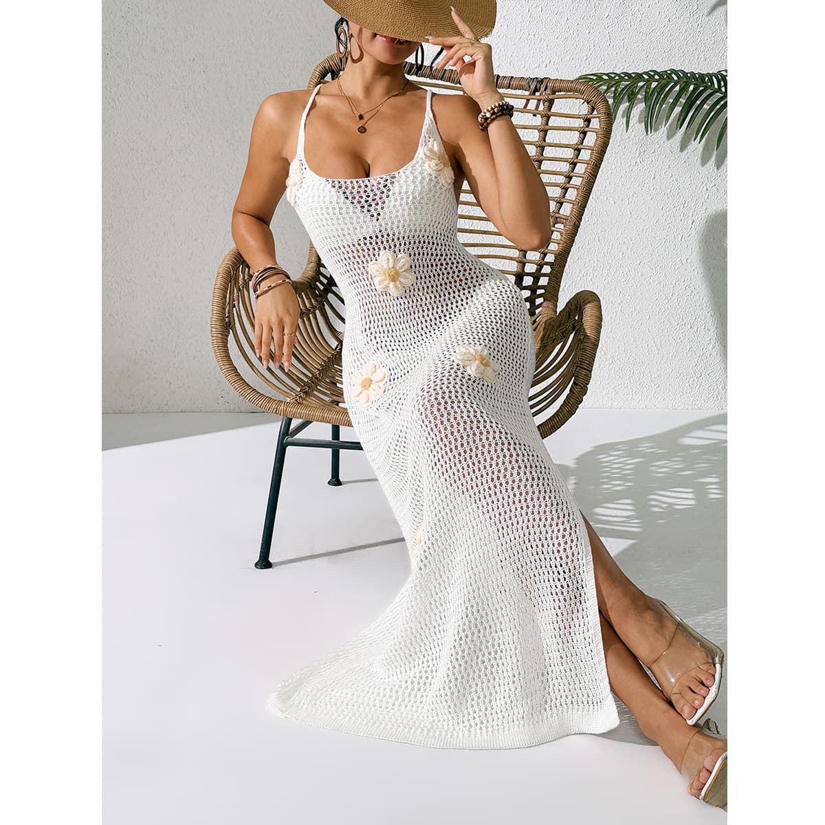 NURO Slit knitted hollow cross strap backless dress