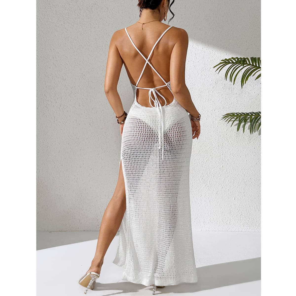 NURO Slit knitted hollow cross strap backless dress