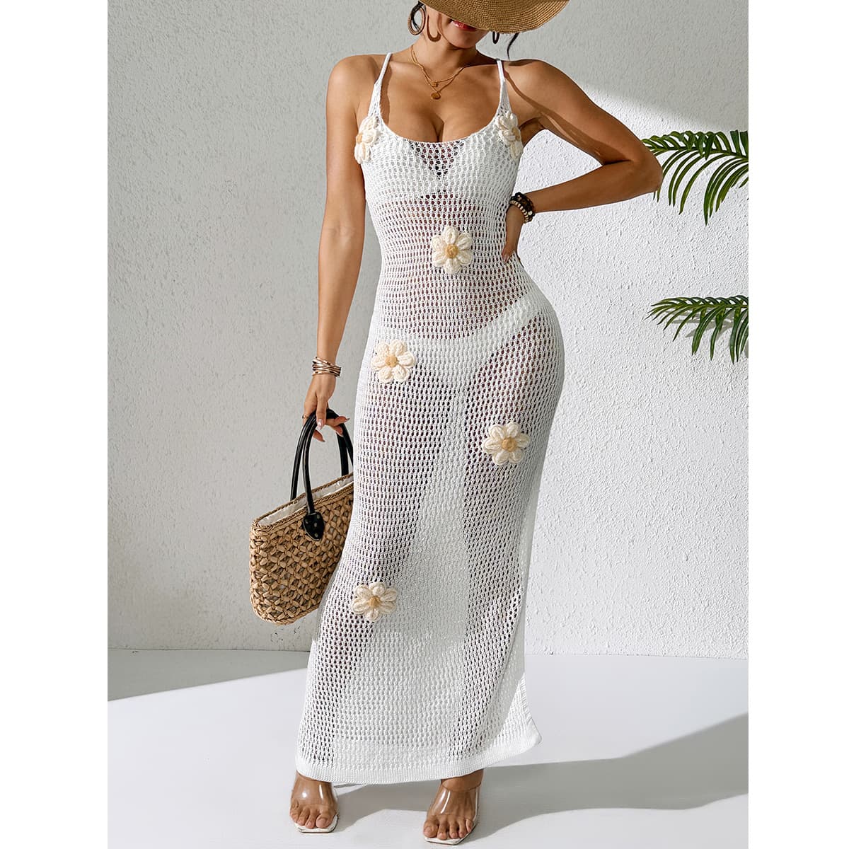 NURO Slit knitted hollow cross strap backless dress