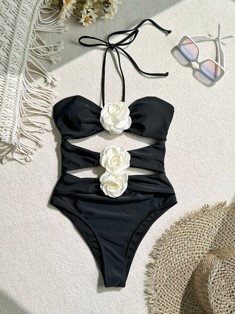 NURO Solid Floral One-Piece Swimsuit