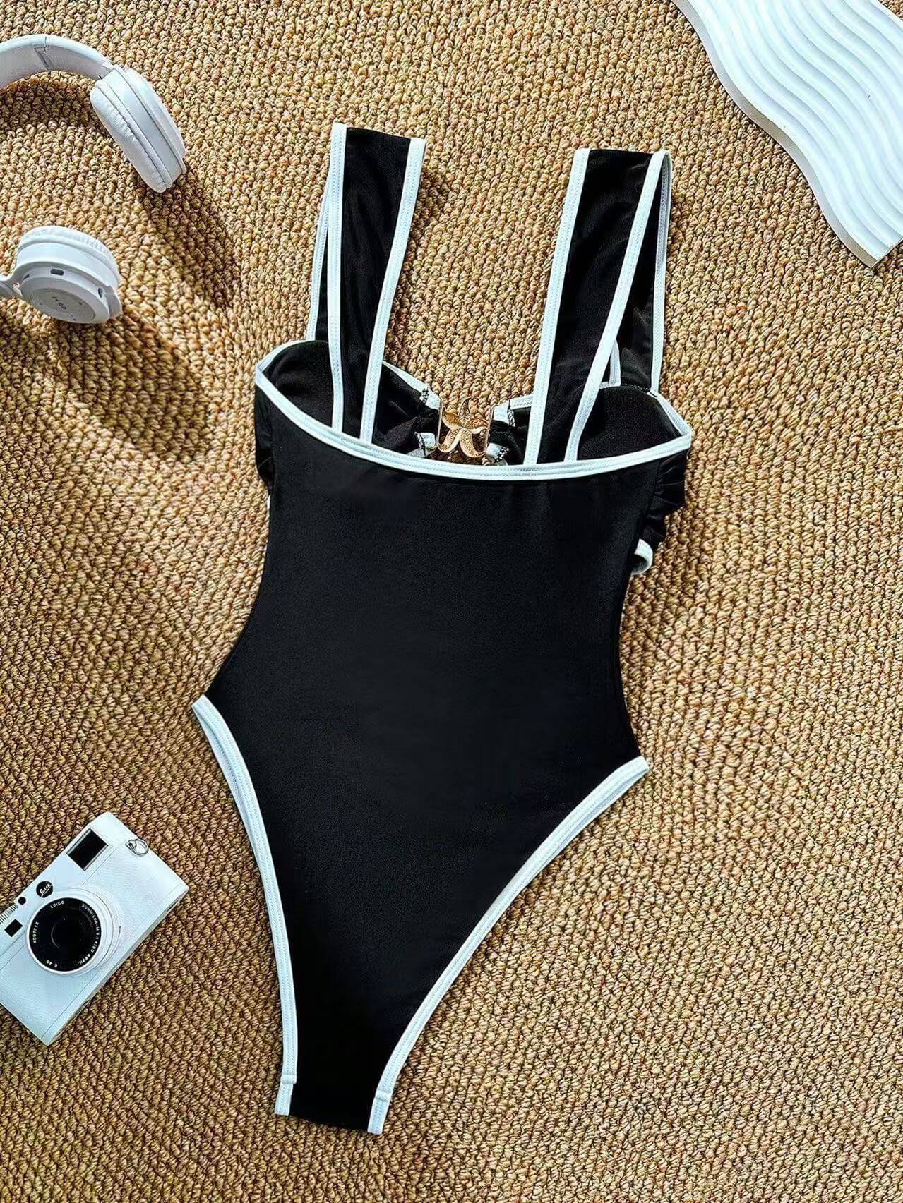 NURO Solid color hollow five-star jewelry one-piece swimsuit