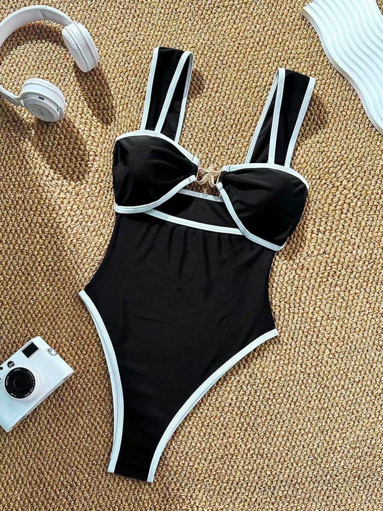 NURO Solid color hollow five-star jewelry one-piece swimsuit