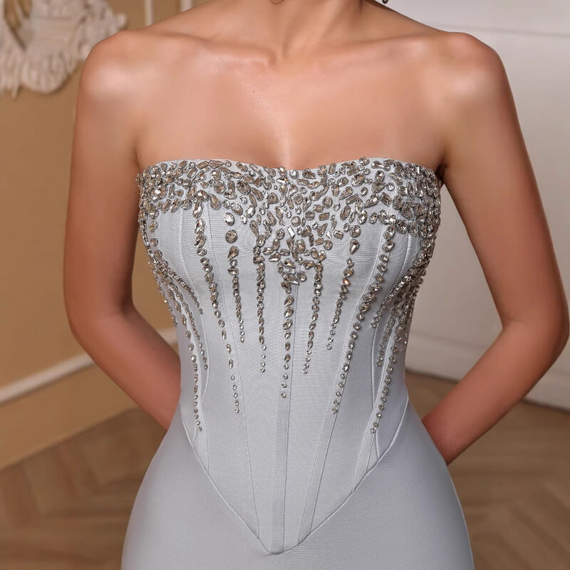 NURO Strapless Sequin Mermaid Evening Gown with Crystal Rhinestone Detail