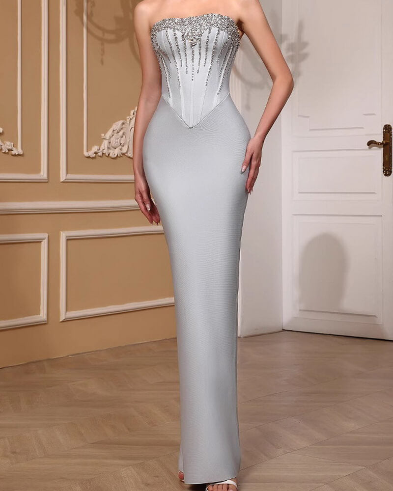 NURO Strapless Sequin Mermaid Evening Gown with Crystal Rhinestone Detail