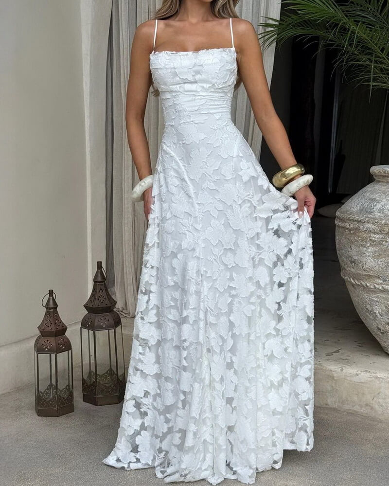 NURO Strappy Backless Chiffon Maxi Dress Women's Elegant Jacquard Evening Gown