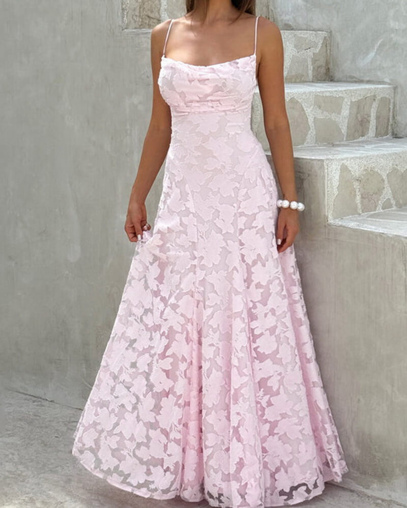 NURO Strappy Backless Chiffon Maxi Dress Women's Elegant Jacquard Evening Gown