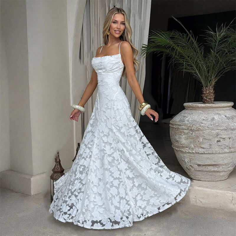 NURO Strappy Backless Chiffon Maxi Dress Women's Elegant Jacquard Evening Gown