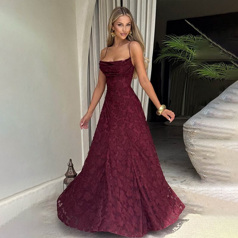 NURO Strappy Backless Chiffon Maxi Dress Women's Elegant Jacquard Evening Gown