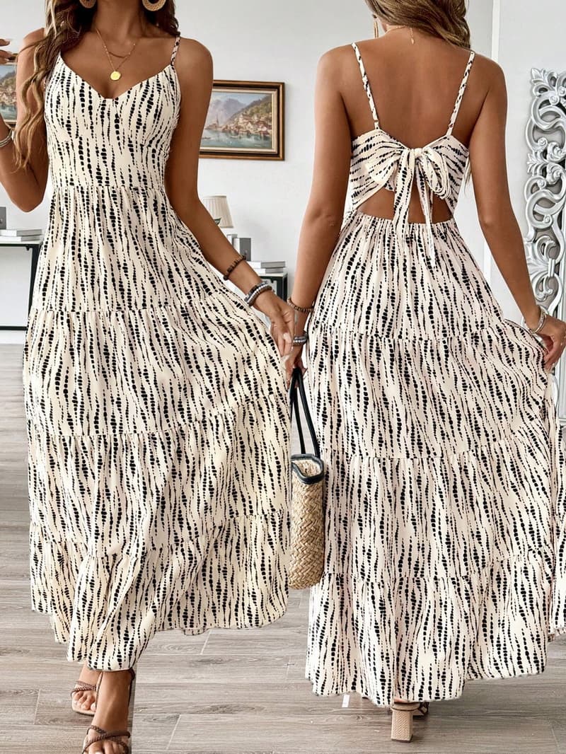 NURO Striped A-Line Maxi Dress Spaghetti Strap High Waist Summer Dress