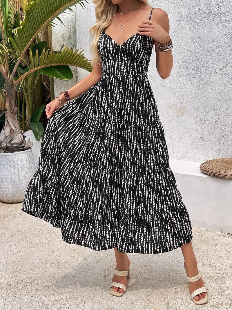 NURO Striped A-Line Maxi Dress Spaghetti Strap High Waist Summer Dress