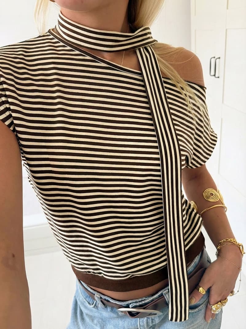 NURO Striped Asymmetrical Neck Short Sleeve Top Casual Tee