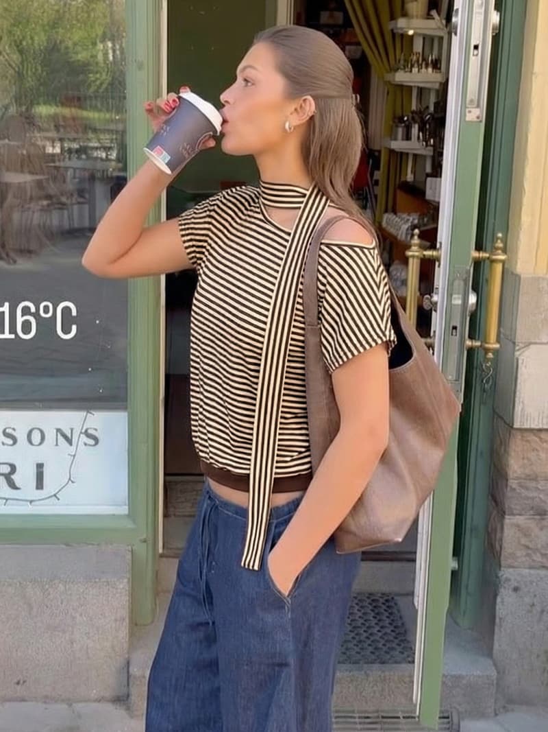 NURO Striped Asymmetrical Neck Short Sleeve Top Casual Tee