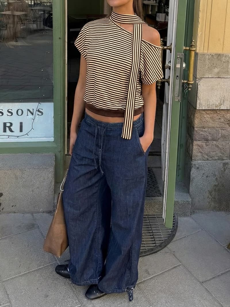 NURO Striped Asymmetrical Neck Short Sleeve Top Casual Tee