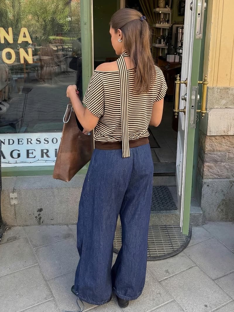 NURO Striped Asymmetrical Neck Short Sleeve Top Casual Tee