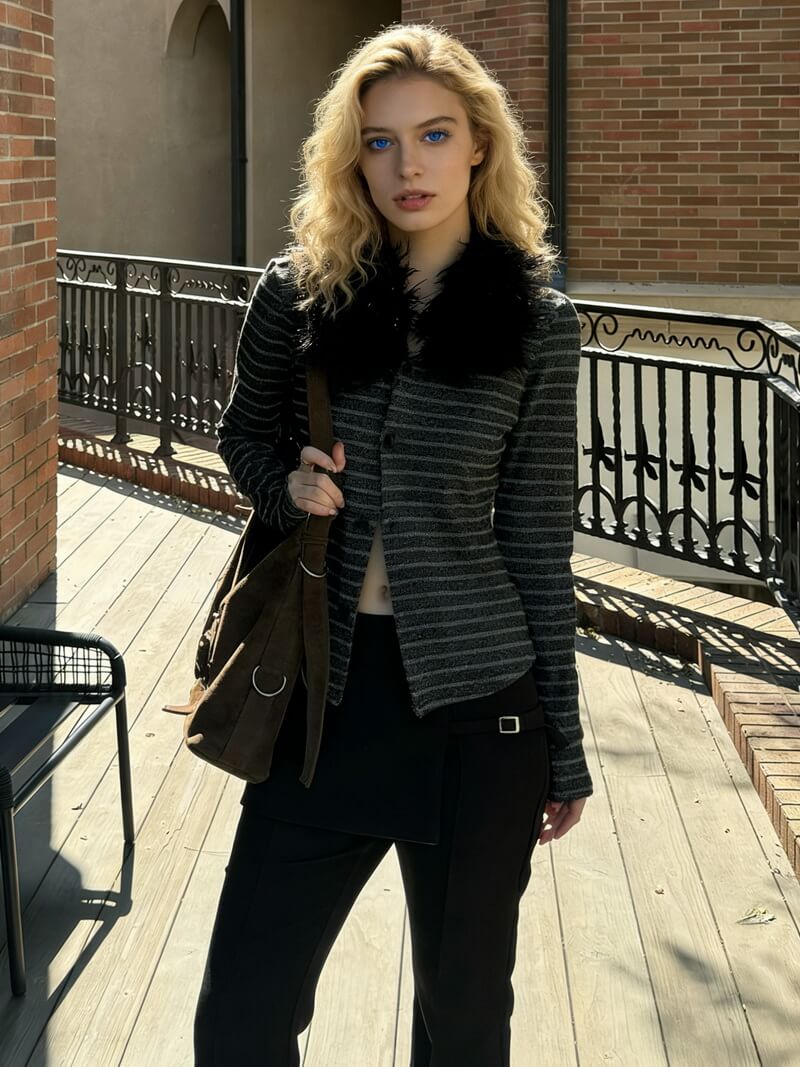 NURO Striped Cardigan with Non-Detachable Fur Collar, Slim Fit Long Sleeve Open Front Sweater, Vintage Faded Streetwear Top