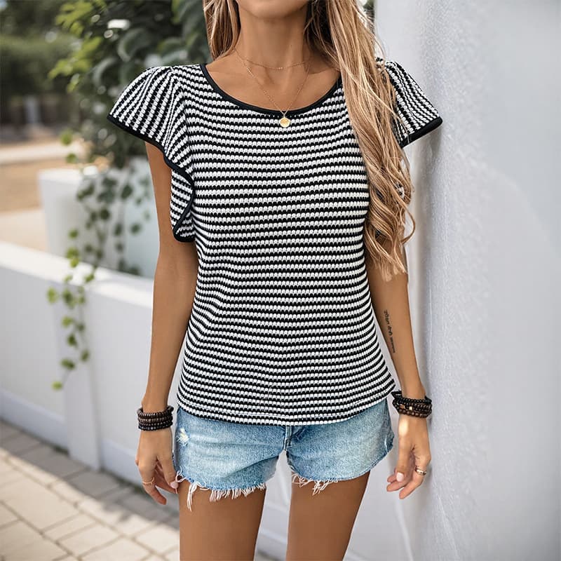 NURO Striped Knit Crop Top Short Sleeve T-Shirt