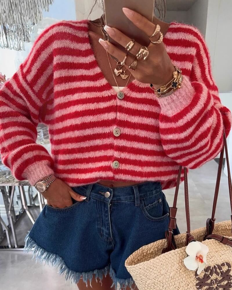 NURO Striped Patchwork Knit Cardigan Women's Casual Button-Up Cover-Up