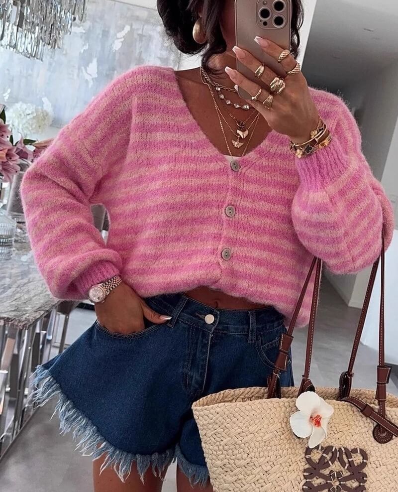 NURO Striped Patchwork Knit Cardigan Women's Casual Button-Up Cover-Up