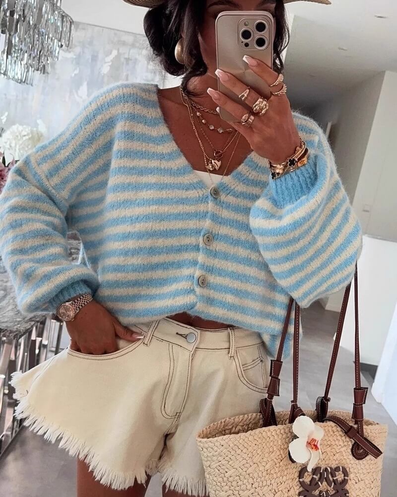 NURO Striped Patchwork Knit Cardigan Women's Casual Button-Up Cover-Up