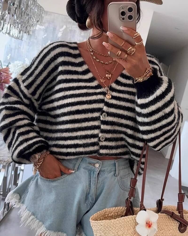 NURO Striped Patchwork Knit Cardigan Women's Casual Button-Up Cover-Up