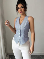 NURO Striped Sleeveless V-Neck Summer Vest for Women