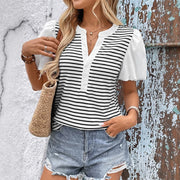 NURO Striped V-Neck Oversized T-Shirt Puff Short Sleeve Top