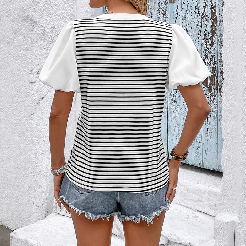 NURO Striped V-Neck Oversized T-Shirt Puff Short Sleeve Top