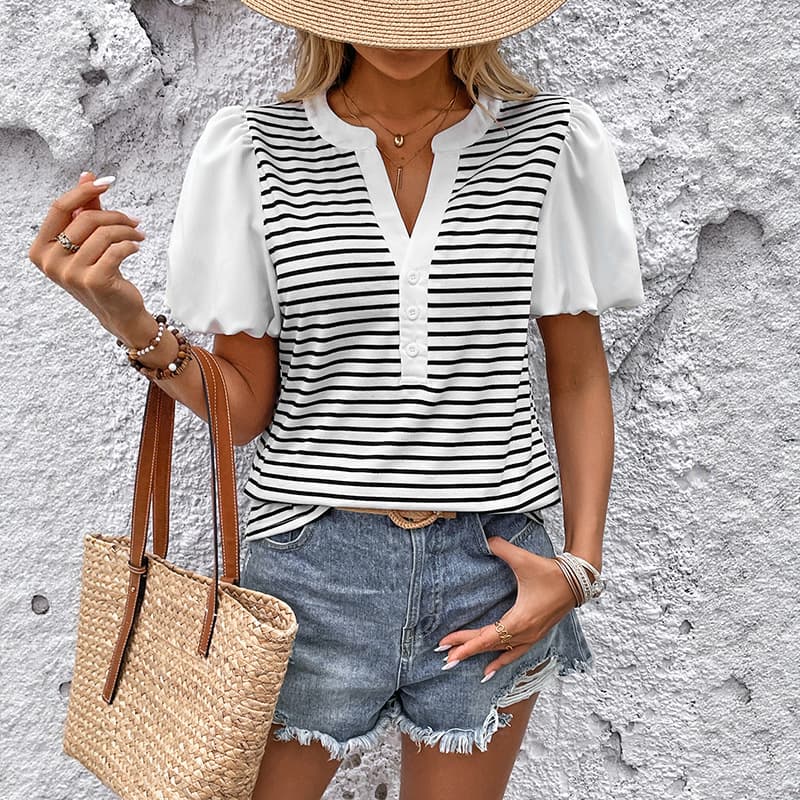 NURO Striped V-Neck Oversized T-Shirt Puff Short Sleeve Top