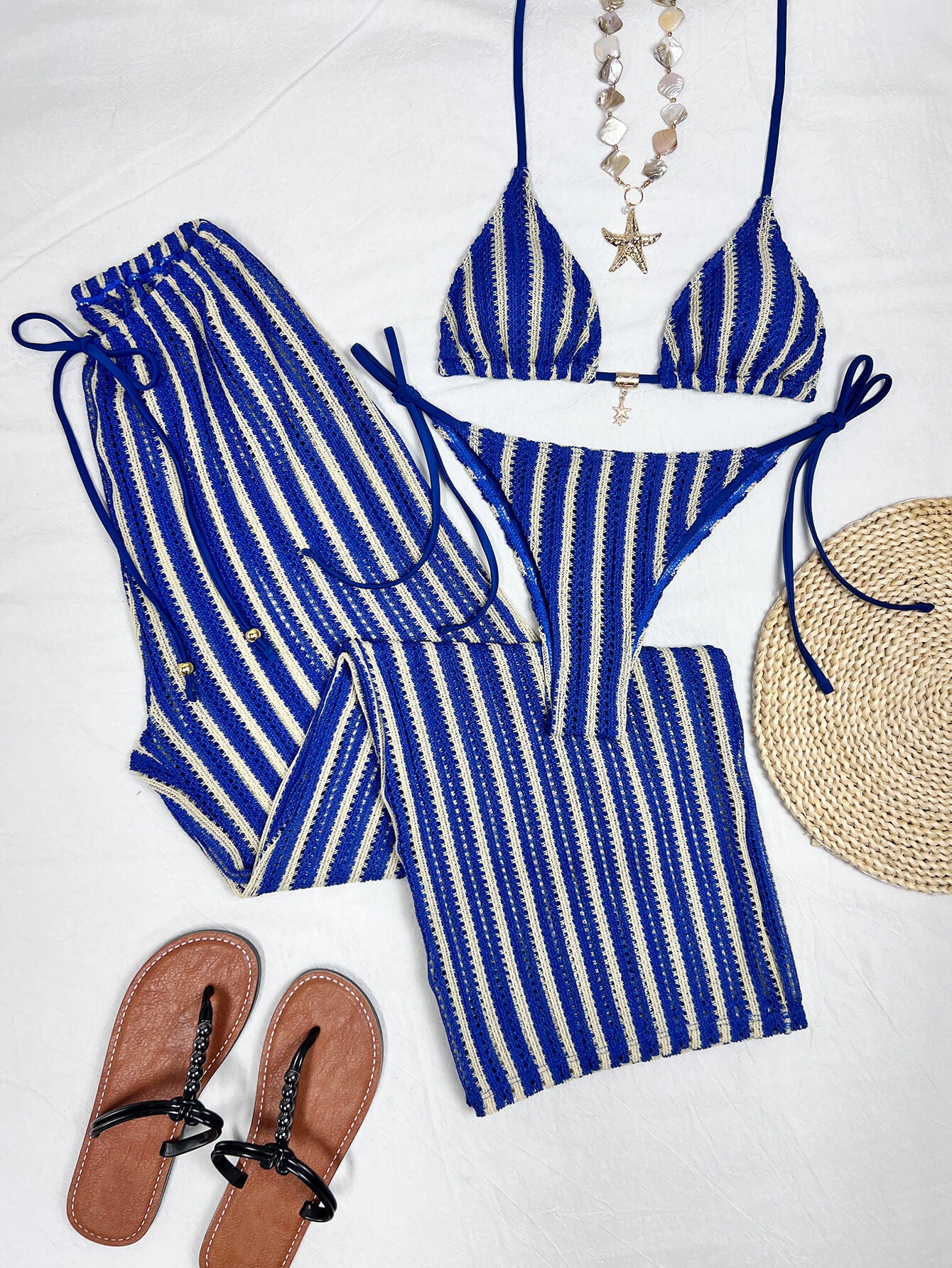 NURO Striped lace-up translucent trousers three-piece swimsuit set