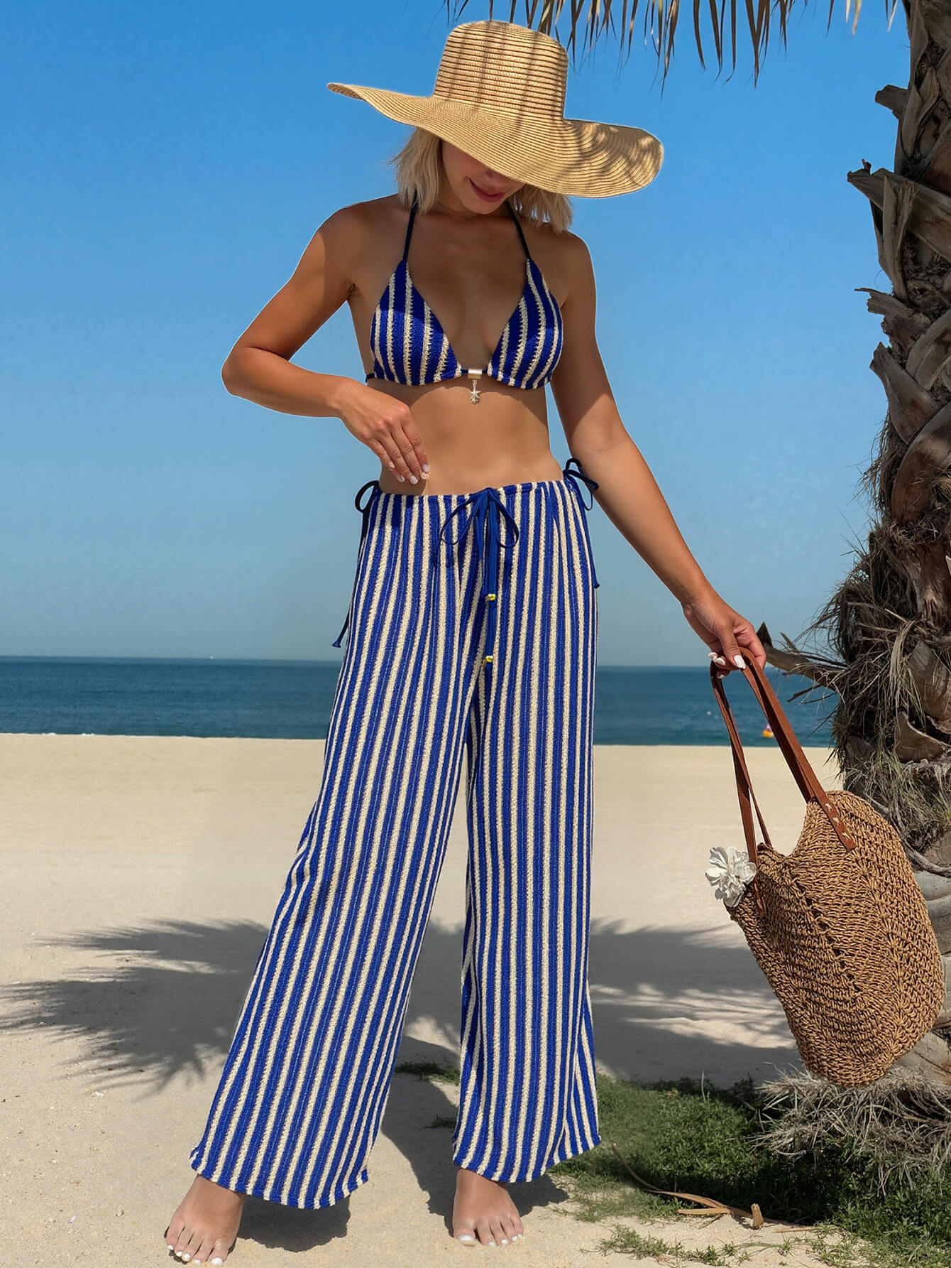 NURO Striped lace-up translucent trousers three-piece swimsuit set