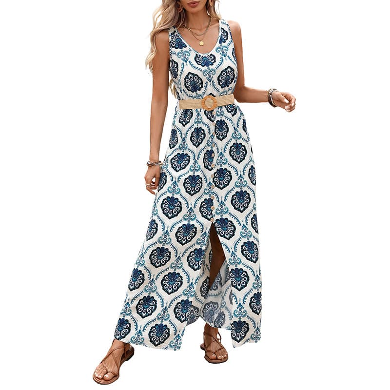 NURO Tribal Print Maxi Dress V-Neck A-Line Bohemian Dress
