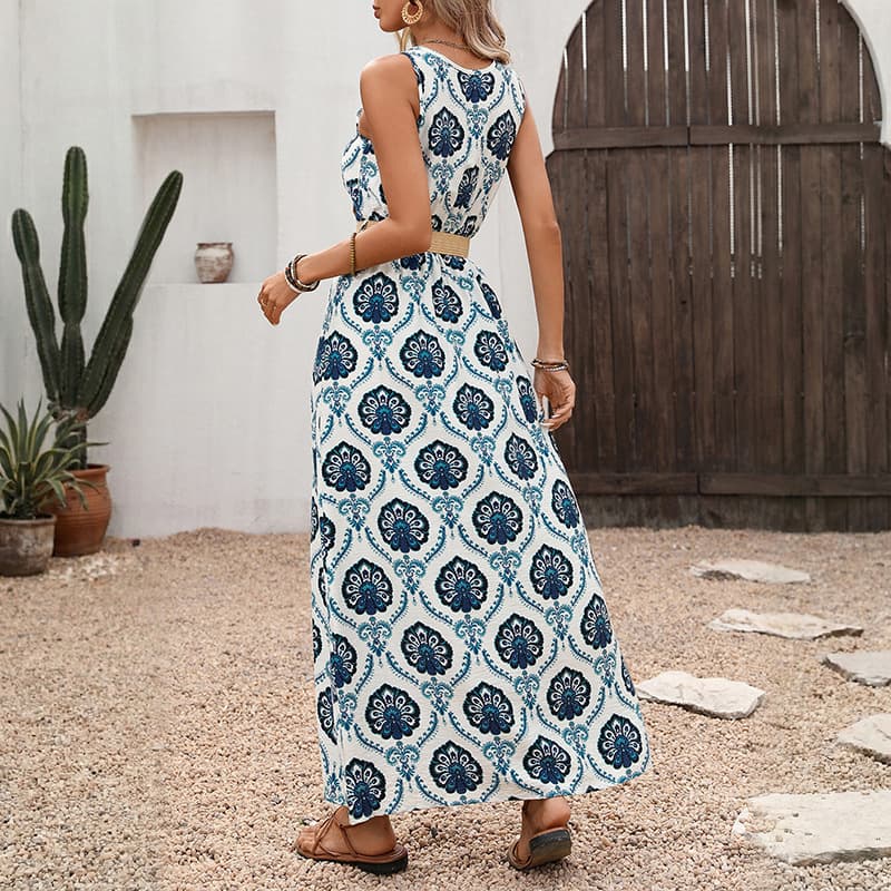 NURO Tribal Print Maxi Dress V-Neck A-Line Bohemian Dress