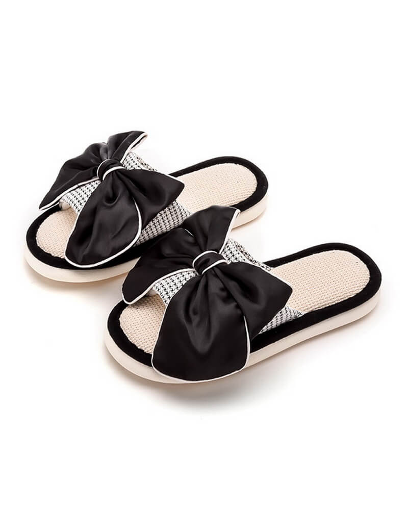 NURO Tweed Pattern Linen Slide Sandals with Bow for Women