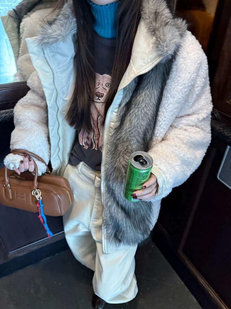 NURO Two-Way Large Faux Fur Collar Jacket, Ultra Thick Warm Color Block Hem Mid-Long Coat, Non-Detachable High Neck Oversized Streetwear Parka