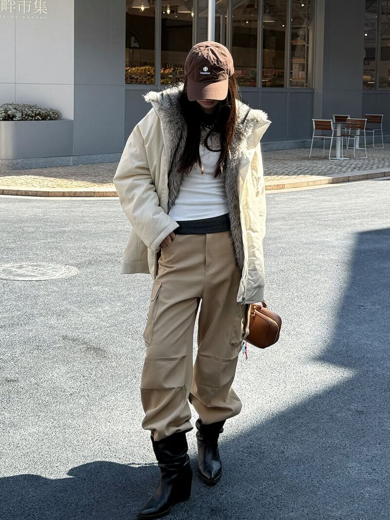 NURO Two-Way Large Faux Fur Collar Jacket, Ultra Thick Warm Color Block Hem Mid-Long Coat, Non-Detachable High Neck Oversized Streetwear Parka