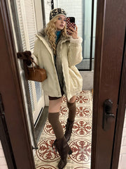 NURO Two-Way Large Faux Fur Collar Jacket, Ultra Thick Warm Color Block Hem Mid-Long Coat, Non-Detachable High Neck Oversized Streetwear Parka