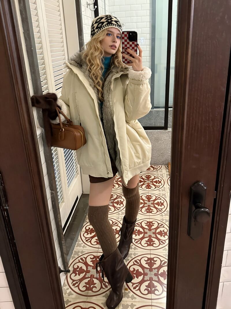 NURO Two-Way Large Faux Fur Collar Jacket, Ultra Thick Warm Color Block Hem Mid-Long Coat, Non-Detachable High Neck Oversized Streetwear Parka